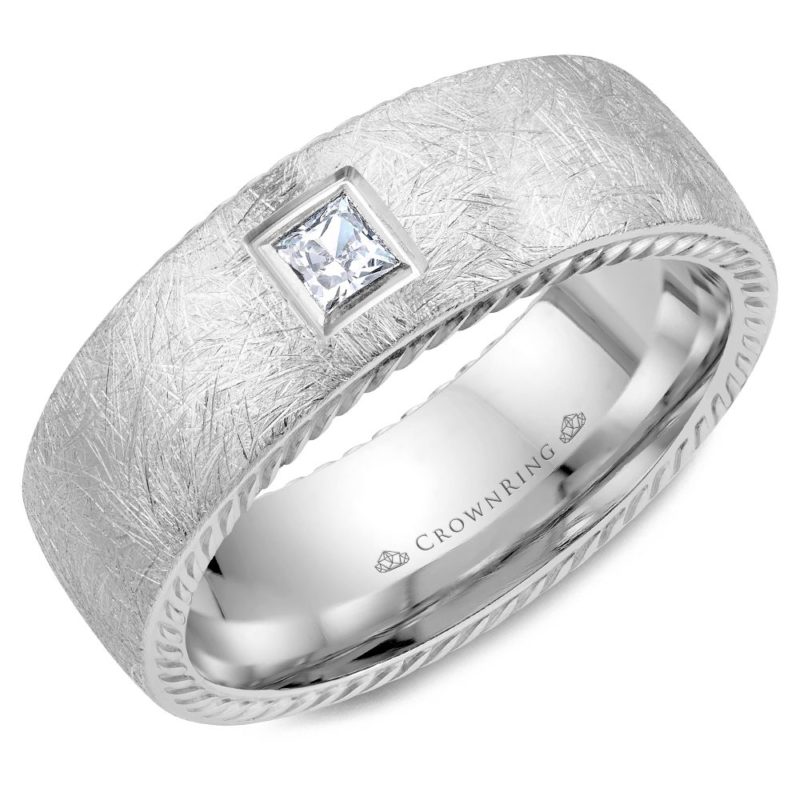 CrownRing wedding band with rope sides and princess cut diamond