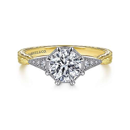 Yellow and white gold hand engraved solitaire engagement ring Gabriel and Co