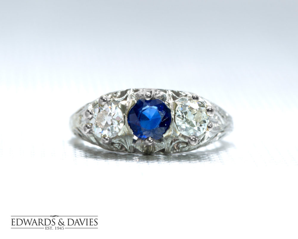white gold vintage diamond and sapphire ring