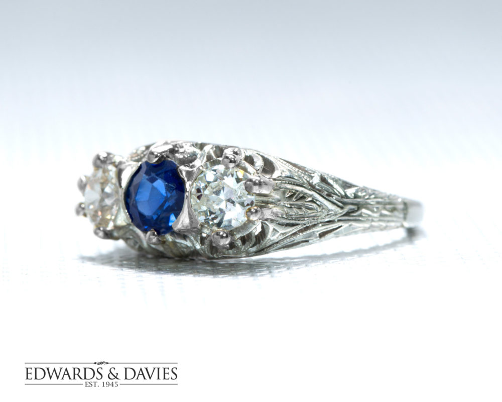 white gold vintage diamond and sapphire hand engraved ring