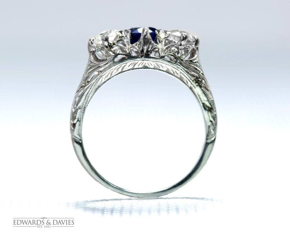 white gold vintage diamond and sapphire hand engraved ring