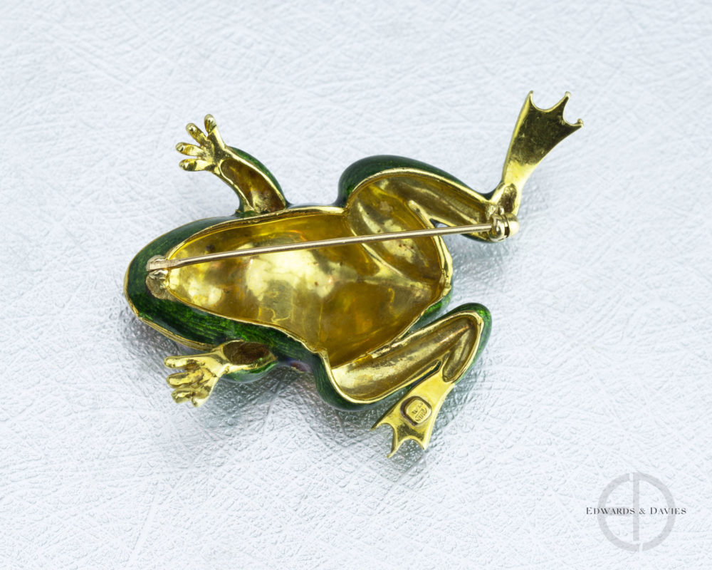 Vintage gold enamel frog pin brooch