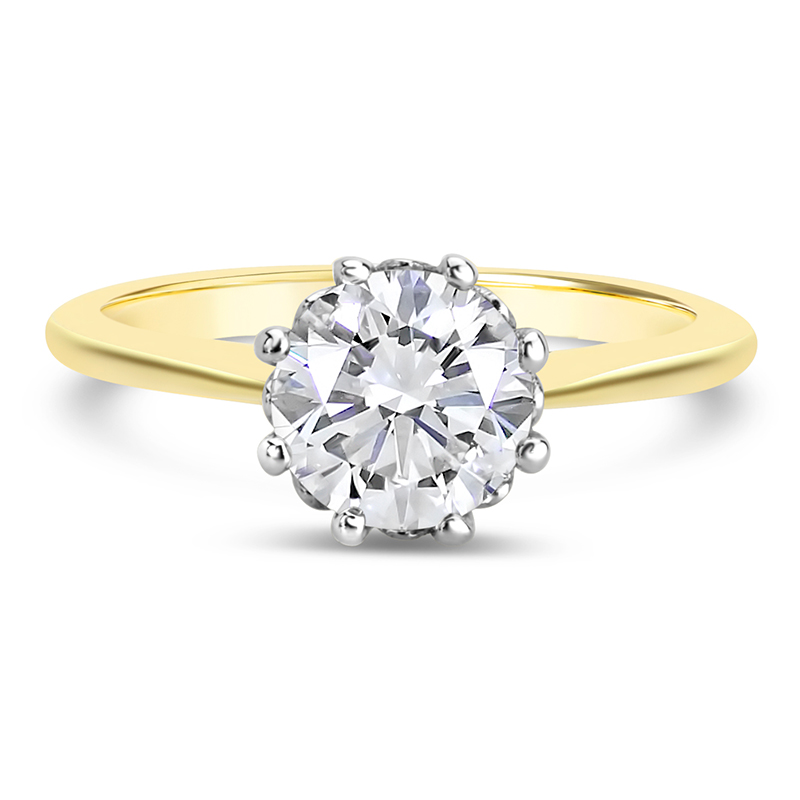 yellow and white gold eight prong solitaire engagement ring