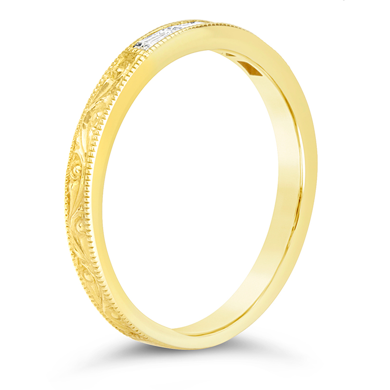 vintage style yellow gold baguette diamonds hand engraved wedding band