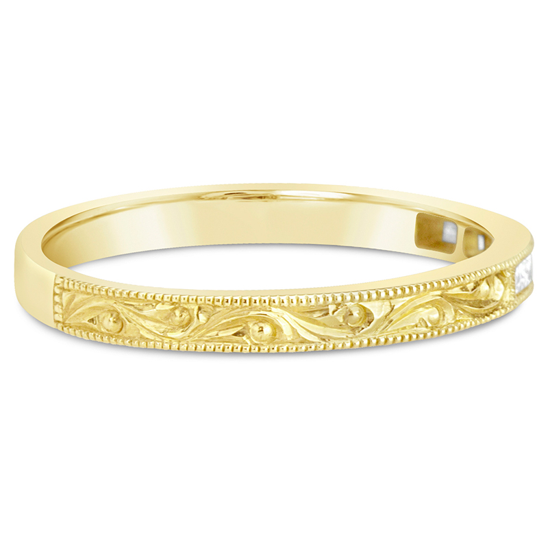 yellow gold baguette diamonds hand engraved band