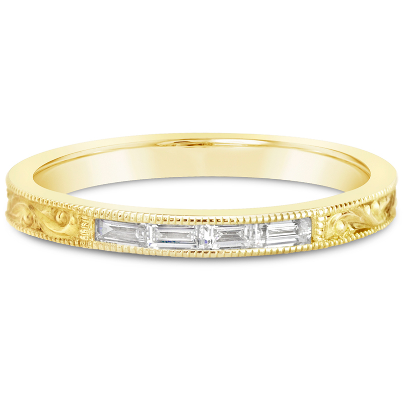 yellow gold hand engraved band baguette diamonds