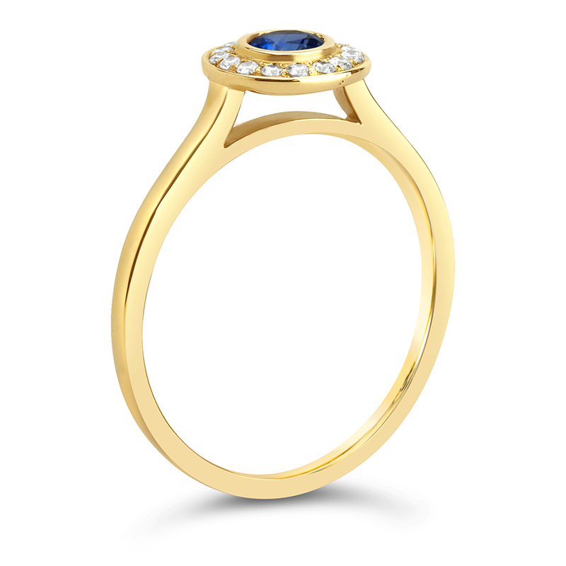 round blue sapphire halo ring yellow gold
