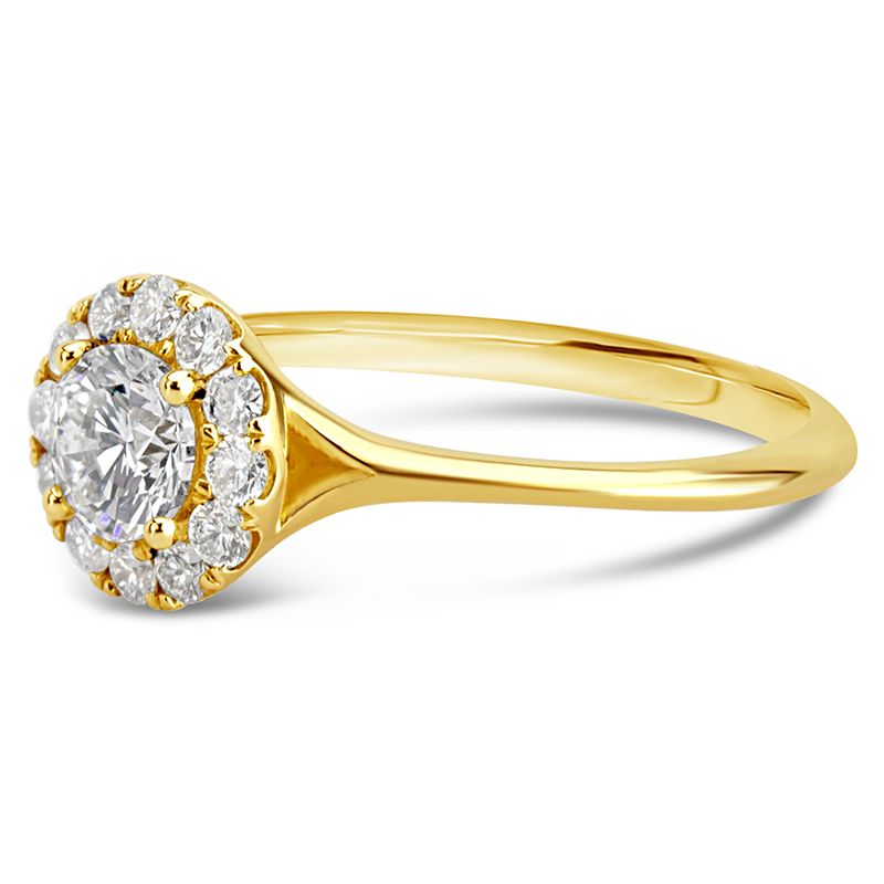 split shank Yellow gold round halo engagement ring