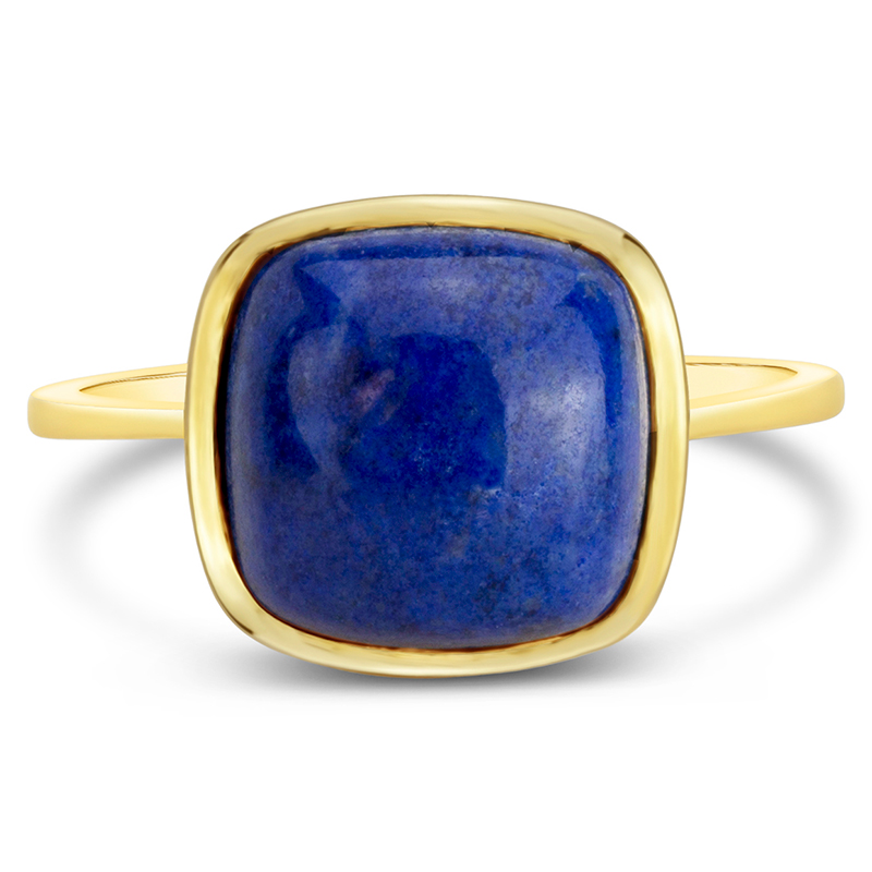 Yellow gold cushion shaped lapis lazuli bezel ring