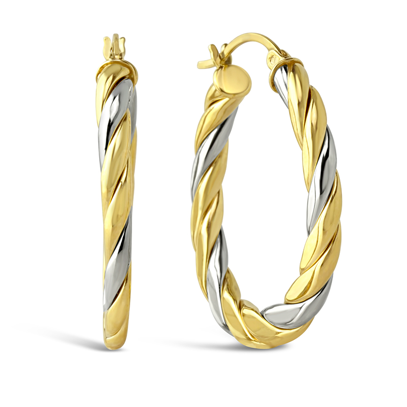 yellow and white gold twist braided oval hoop earrings