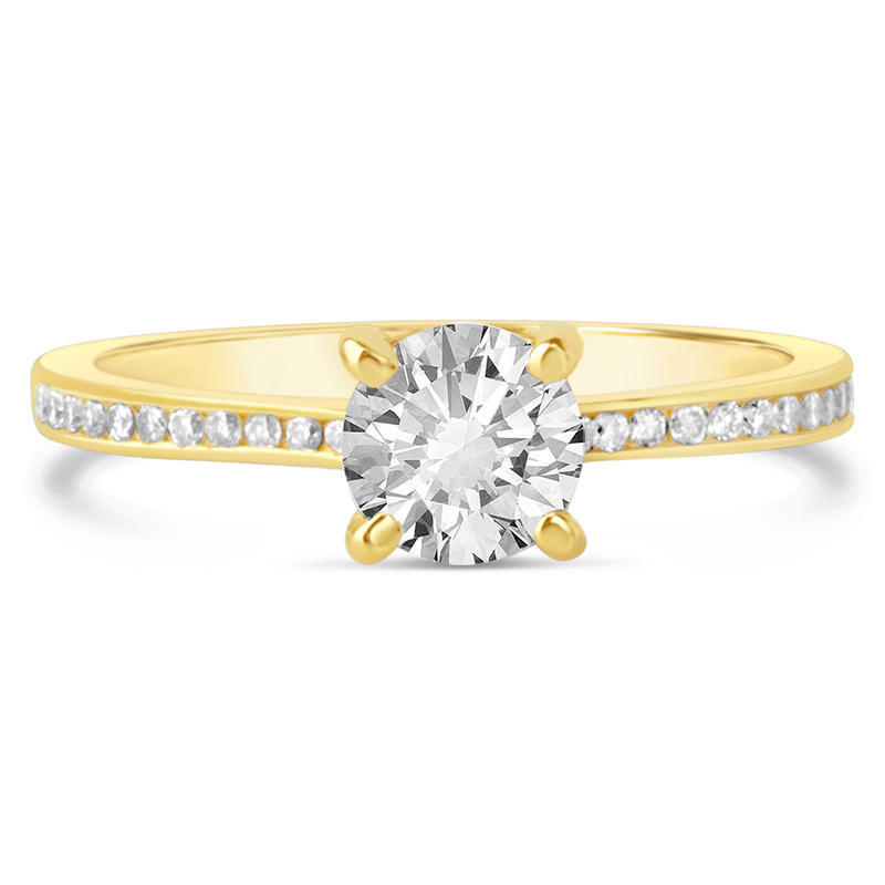 yellow gold round brilliant solitaire engagement ring channel set band