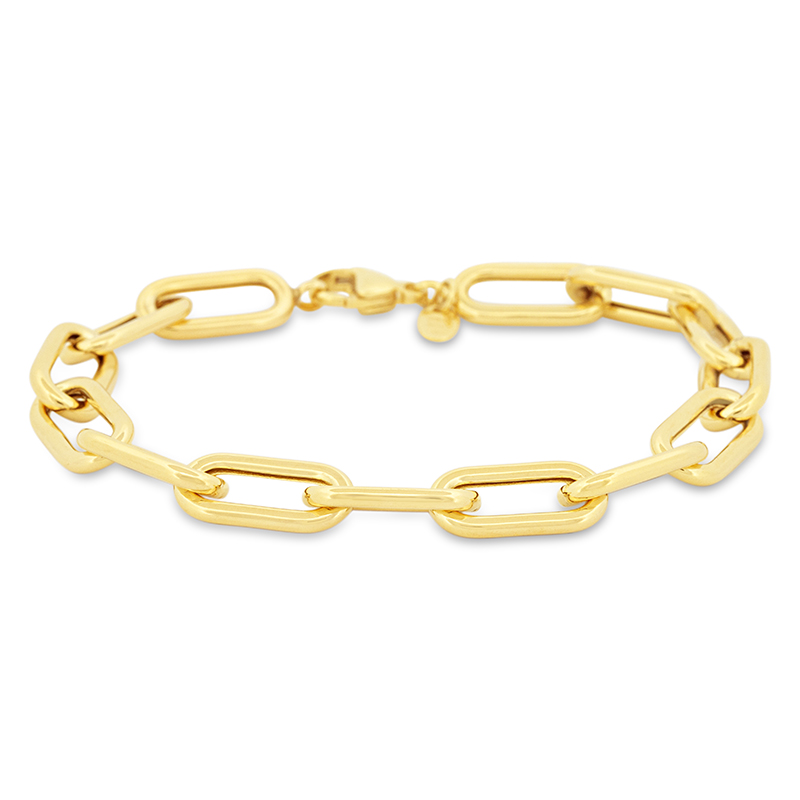 yellow gold paperclip link long link chain bracelet