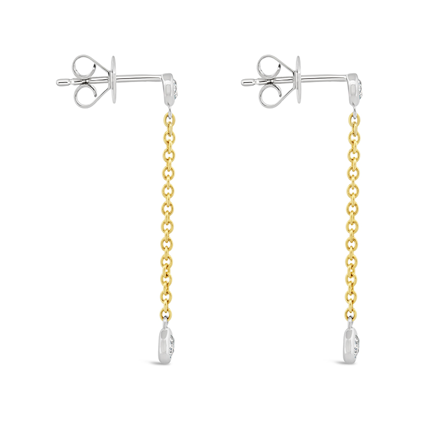 yellow and white gold diamond bezel chain dangle stud earrings