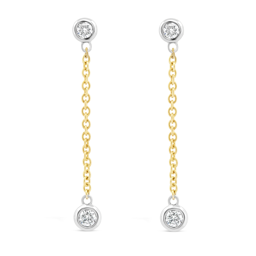 yellow and white gold diamond bezel chain drop stud earrings