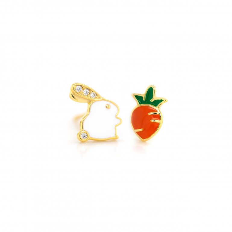 gold vermeil bunny and carrot mismatched stud earring set