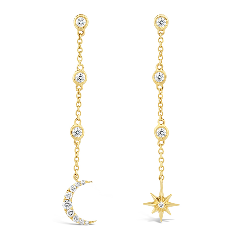 yellow gold moon and star diamond chain dangle stud earrings
