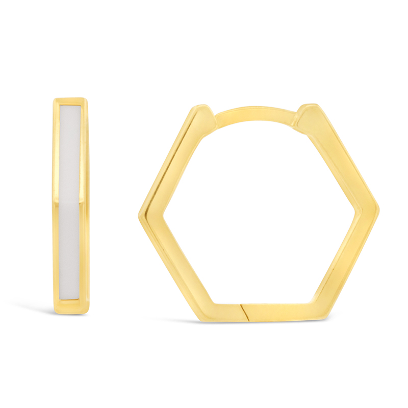 yellow gold hexagon hoop earrings white enamel