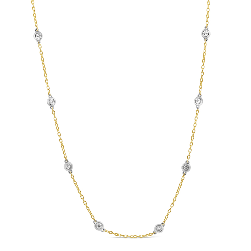 two tone white and yellow gold diamond bezel station chain necklace