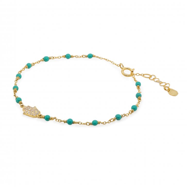 sterling silver gold vermeil cz pave hamsa turquoise beads bracelet