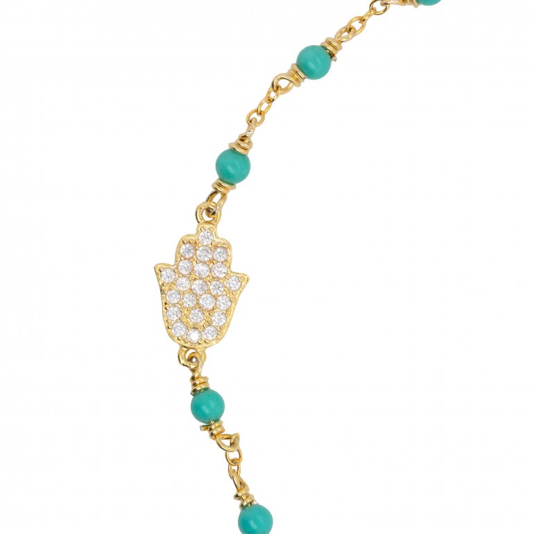 sterling silver gold vermeil cz pave hamsa turquoise beads bracelet