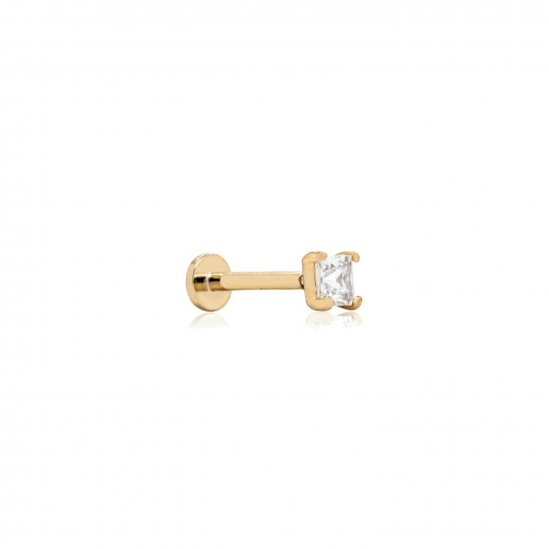 14k yellow gold cz square cut stud flat screwback single piece