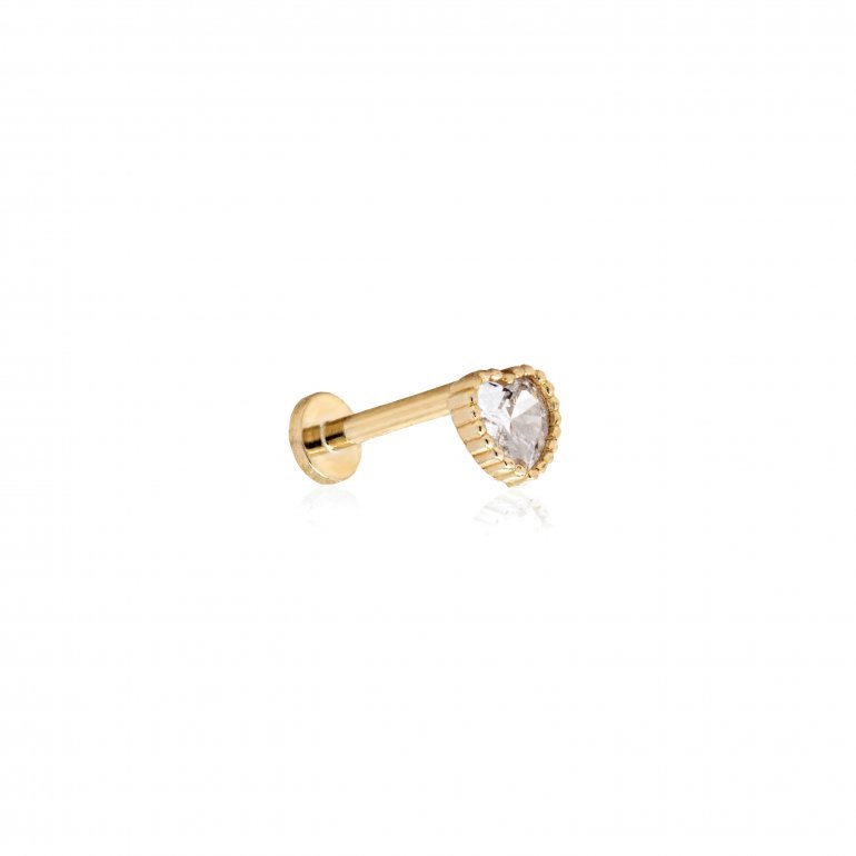 14k yellow gold cz heart stud flat screwback single piece