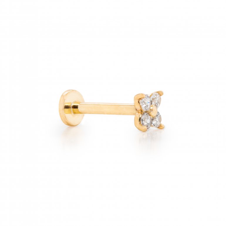 14k yellow gold cz dainty flower cartilage stud flat screwback single piece