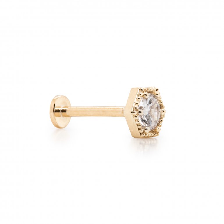 14k yellow gold cz hexagon stud flat screwback single piece