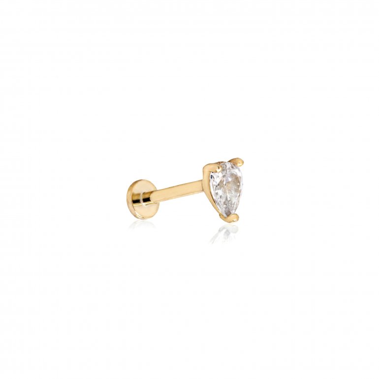 14k yellow gold pear cz stud flat screwback single piece