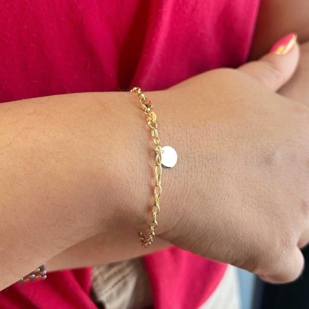 model yellow gold disc tag link bracelet