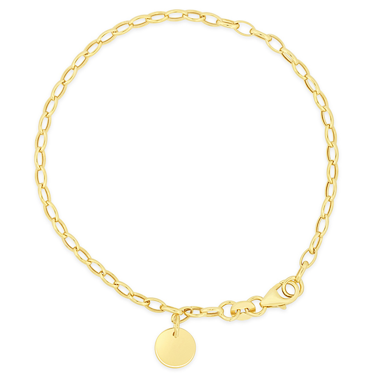 yellow gold oval link chain bracelet engraveable disc tag