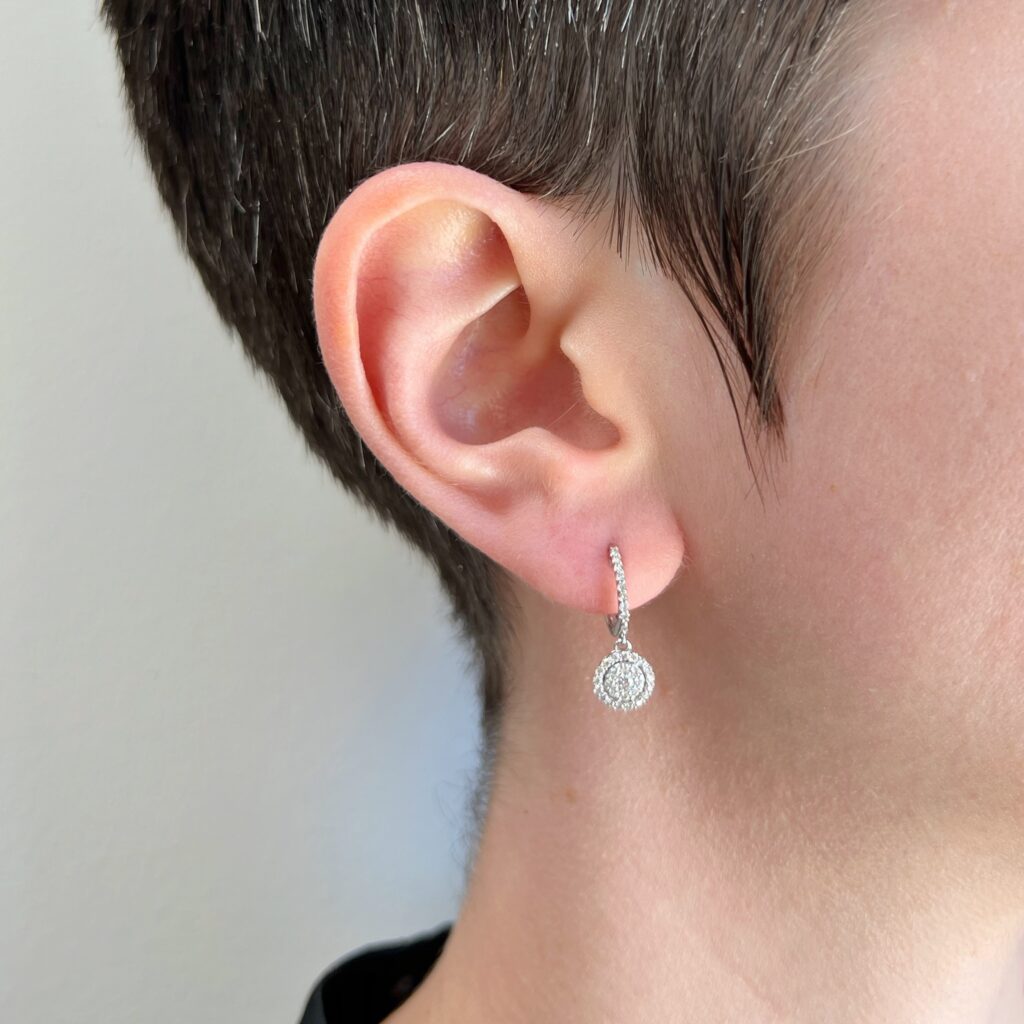 white gold diamond drop huggie earrings model