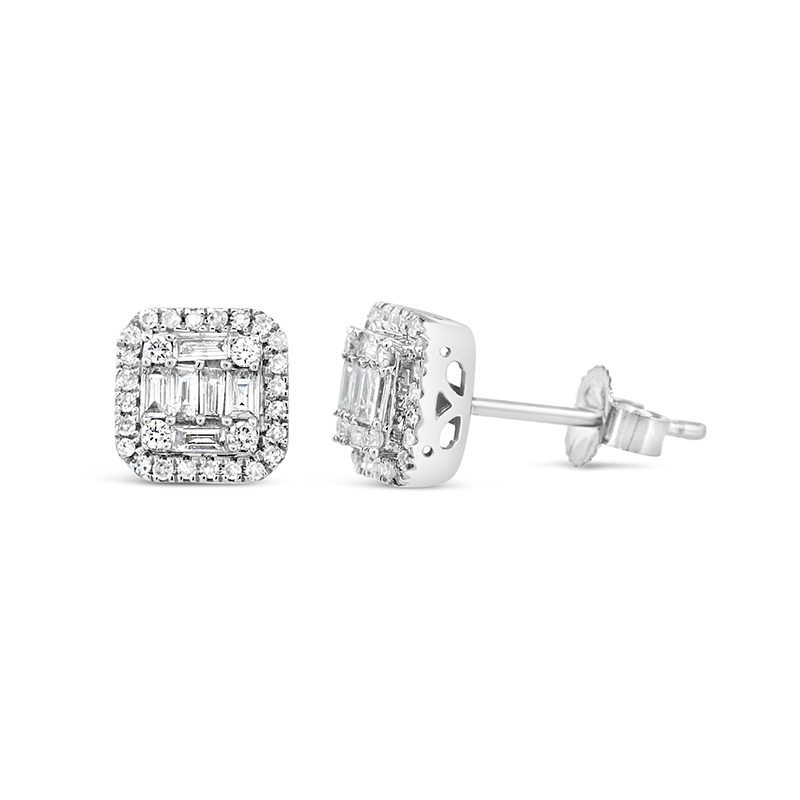 white gold baguette and round pave cluster diamond stud earrings