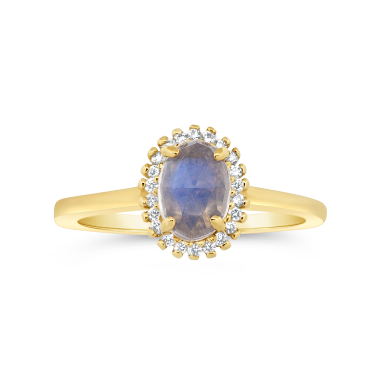 yellow gold moonstone diamond halo ring front