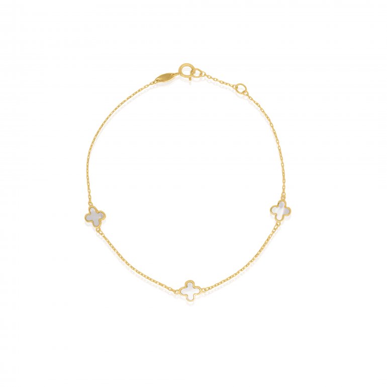 yellow gold mother of pearl clover station bracelet