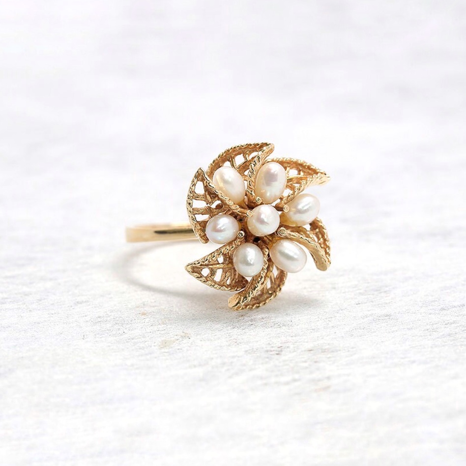 AN00064 vintage gold Flower Pearl Ring