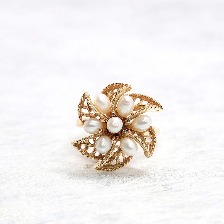 AN00064 vintage gold Flower Pearl Ring