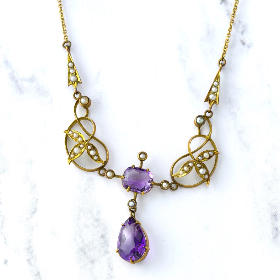 AN00524 Yellow Gold Edwardian Antique Amethyst Pearl Necklace