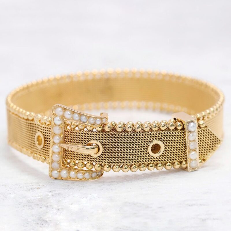 AN00141 Yellow Gold antique pearl mesh bracelet