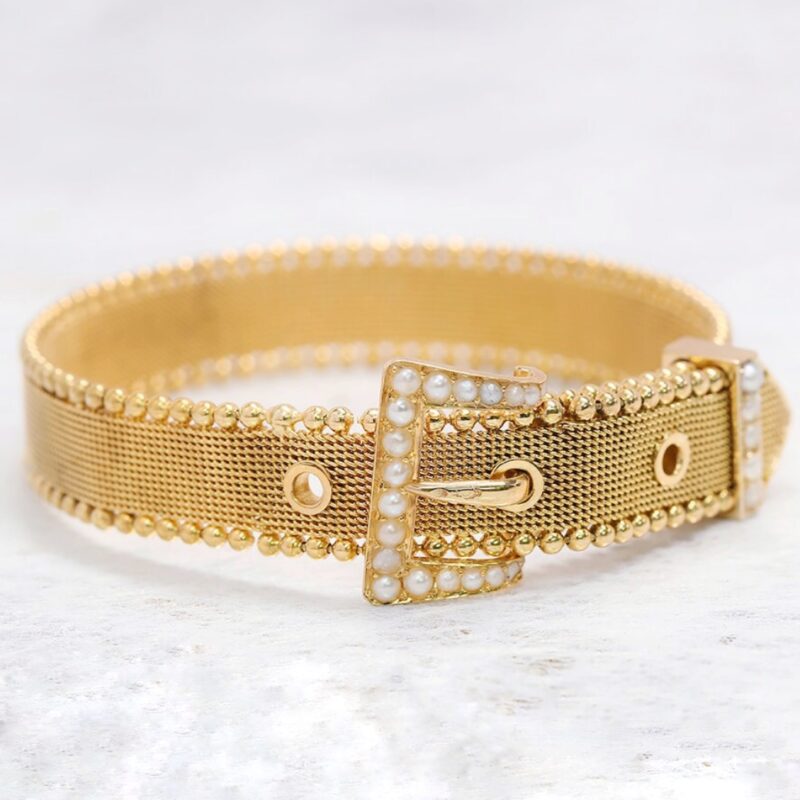 AN00141 Yellow Gold antique pearl mesh bracelet