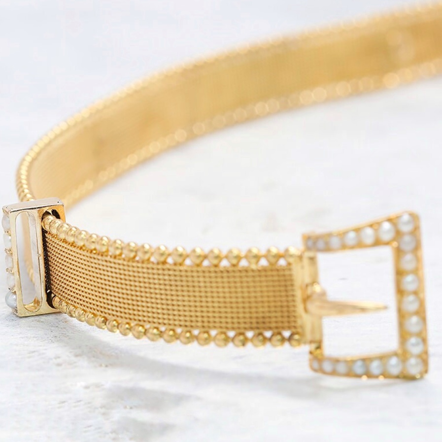 AN00141 Yellow Gold antique pearl mesh bracelet