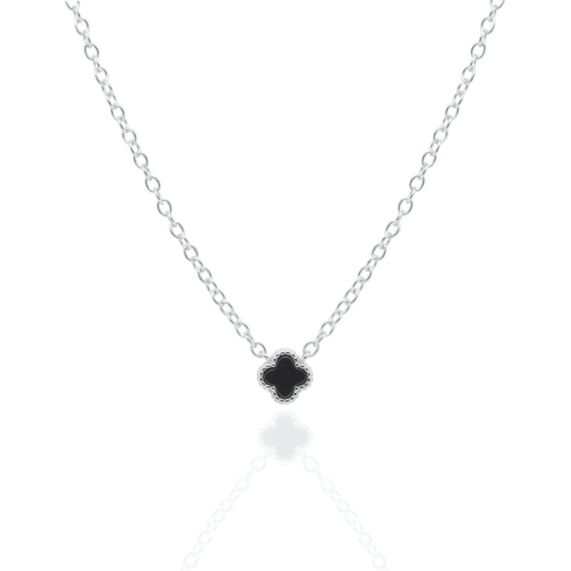 NE00371 silver black onyx clover chain necklace silver black onyx clover chain necklace
