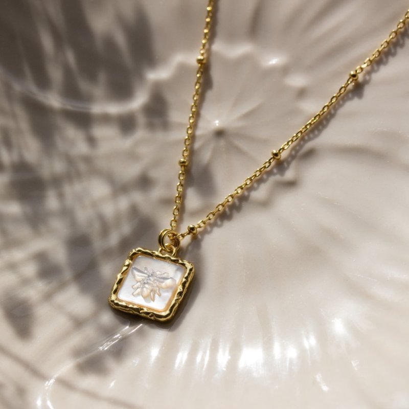 NE00377 silver gold vermeil mother of pearl bumble bee pendant necklace styled silver gold vermeil mother of pearl bumble bee pendant necklace model