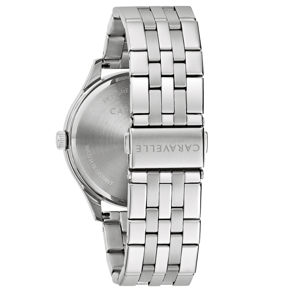 silver-tone stainless steel case grooved bezel light blue dial handset luminescent fill mineral crystal silver-tone stainless steel bracele push-button fold-over back