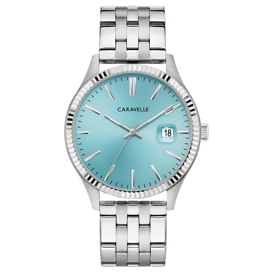 silver-tone stainless steel case grooved bezel light blue dial handset luminescent fill mineral crystal silver-tone stainless steel bracelet push-button fold-over