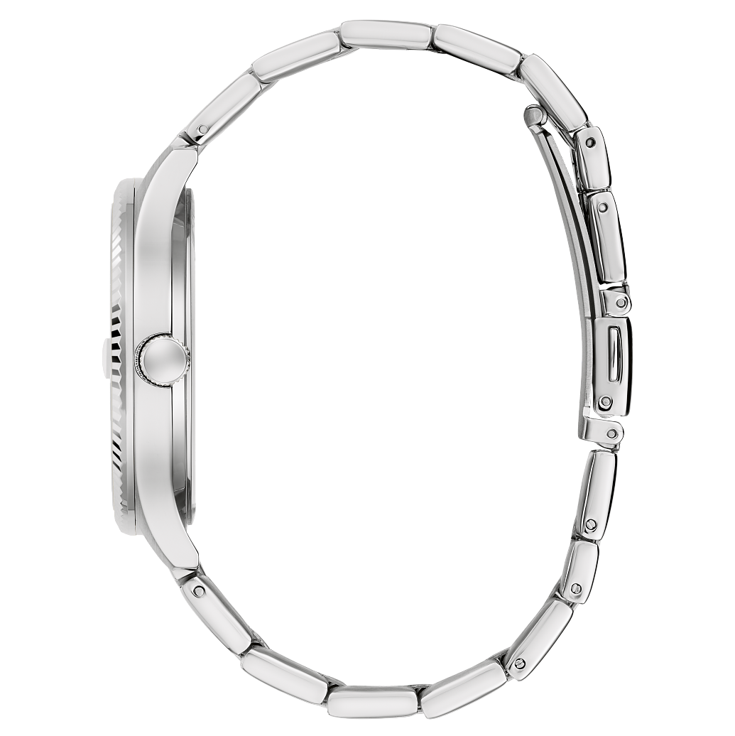 silver-tone stainless steel case grooved bezel light blue dial handset luminescent fill mineral crystal silver-tone stainless steel bracelet push-button fold-over