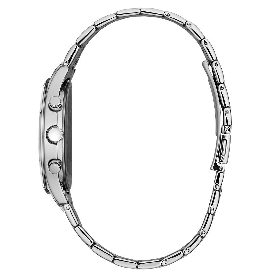 Bulova-Watch-stainless-steel-black-dial-Roman-numerals-stick-markers-calendar-double-press-fold-over-clasp-side