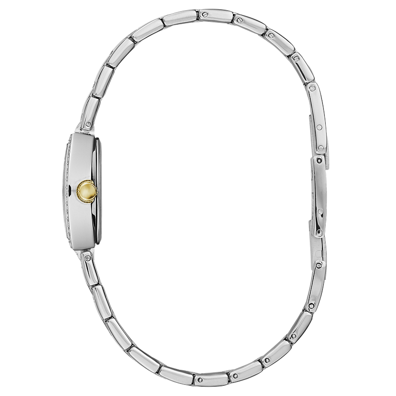 40 crystals gold-tone stainless steel case. Silver-white Mother-of-Pearl dial. stainless steel bracelet jewelers clasp closure. side