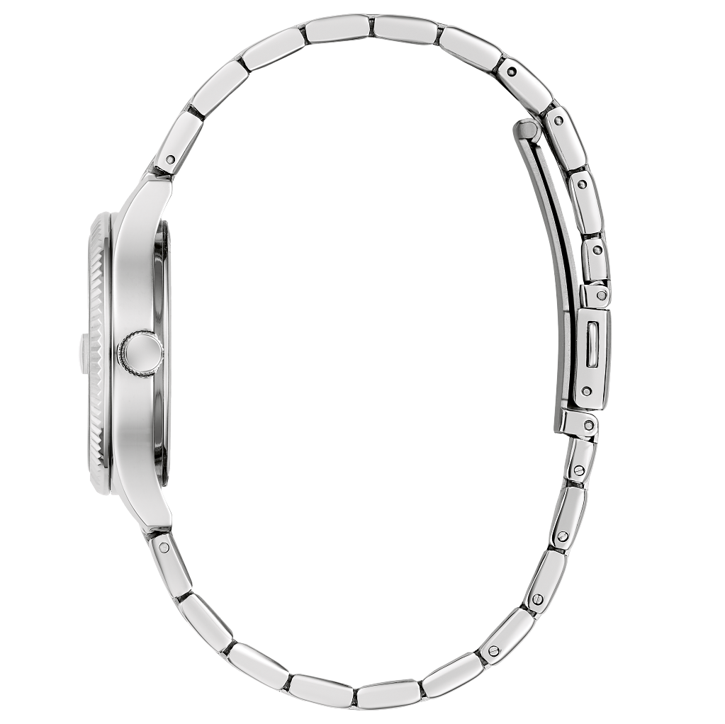 Bulova Watch, lady’s caravelle Silver-tone stainless steel case, blue dial, fold-over clasp