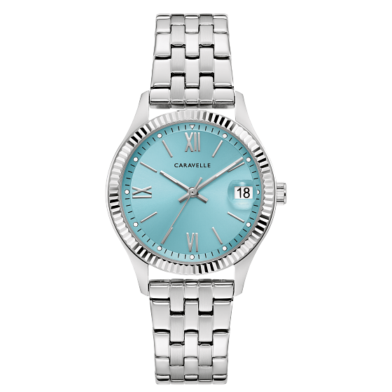 Bulova Watch, lady’s caravelle Silver-tone stainless steel case, blue dial, fold-over clasp